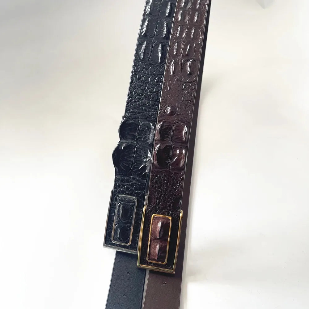 Genuine luxury brand men's belt made of real crocodile leather, featuring a retro-casual buckle, perfect for pairing with jeans.