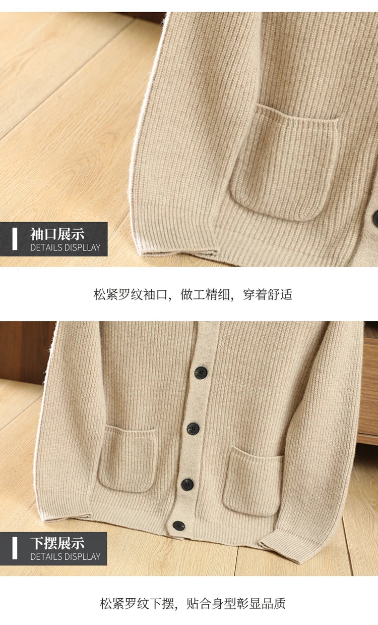 Men High Quality Polo Collar Cardigan Autumn Winter Thick Buttons 100% Merino Wool Sweater Smart Casual Coat Cashmere Knitwear