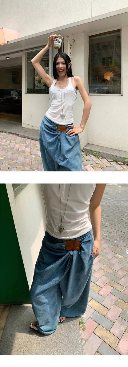 DEAT Fashion Folds Design Sense Jeans Women's High Waist Loose Wide Leg Blue Denim Pants Summer New Tide 7AB9503