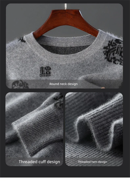 Men's 100% Pure Wool Sweater O-Neck Loose Pullover Autumn/Winter New Embroidery Business Casual Cashmere Tops Knit Bottom Shirt