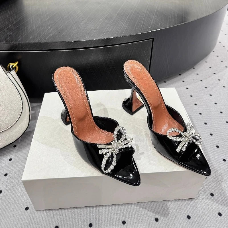 New Bow Rhinestone High-heeled Sandals Sexy Open-toed Fish Mouth Pointed Rear Empty Cool Slippers Women