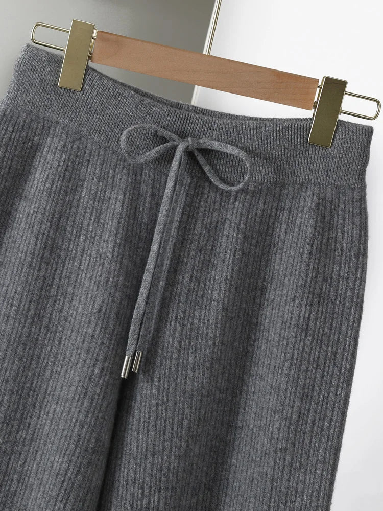 CHICUU Women Thick Wide Leg Pants 100% Merino Wool Knitted Trousers Autumn Winter Striped Jacquard Cashmere Pants Simple Style