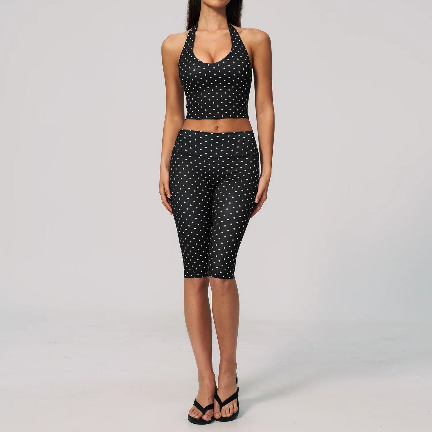 Custom LOGO women's new yoga clothes polka dot printing deep V high elastic three-dimensional fitness two-piece set