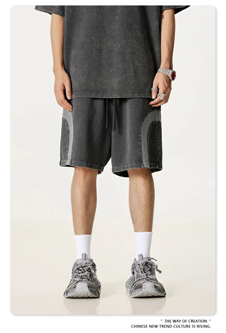 Customized LOGO men's summer European and American hip-hop style splicing contrasting shorts loose straight five-point pants