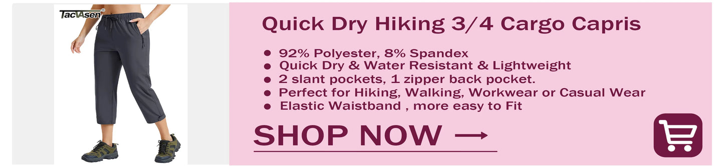 TACVASEN Summer Quick Dry Hiking Capri Shorts Womens Athletic Cargo Shorts 3/4 Below Knee Length Outdoor Riding Nylon Shorts