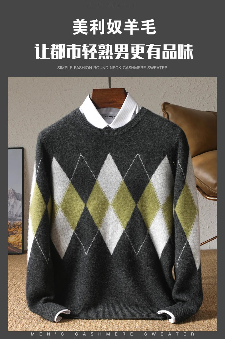 Autumn Winter New Men's Cashmere Sweater Thickened Round Neck Pullover With Contrast Color Loose Casual Knitted100% Wool Sweater