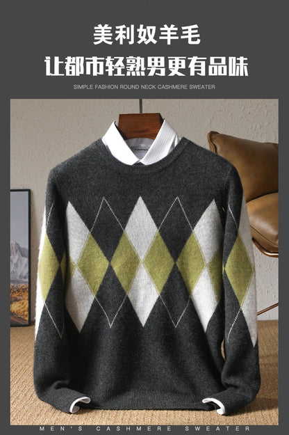 Autumn Winter New Men's Cashmere Sweater Thickened Round Neck Pullover With Contrast Color Loose Casual Knitted100% Wool Sweater