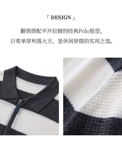 Men's 100% Lyocell POLO Collar Striped T-Shirt Knit Pullover Summer New Bussiness Casual Half-zip Short-sleeved Jumper Menswear