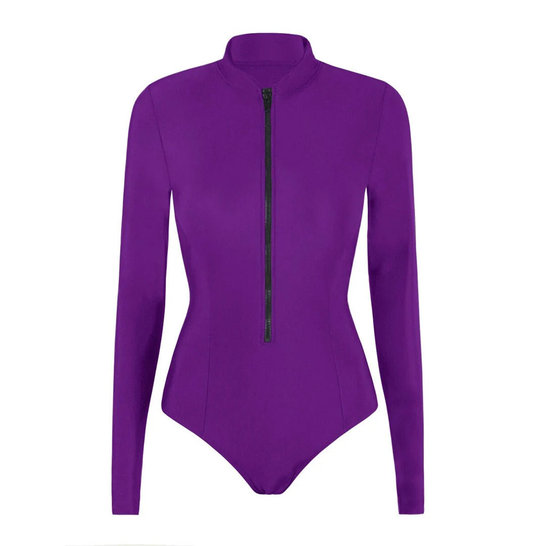 S - 2XL 4 Colors Long Sleeve With Zipper Surf Rash Guard One Piece Swimsuit Women Swimwear Female Bather Bathing Suit Swim V6266