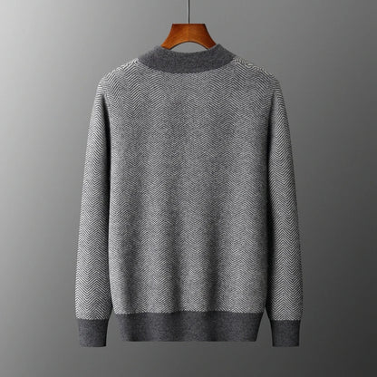 Autumn Winter 100% Merino Wool Knitted Zipper Cardigan Men's Half High Collar Herringbone Pattern Thick Coat Casual Warm Jacket