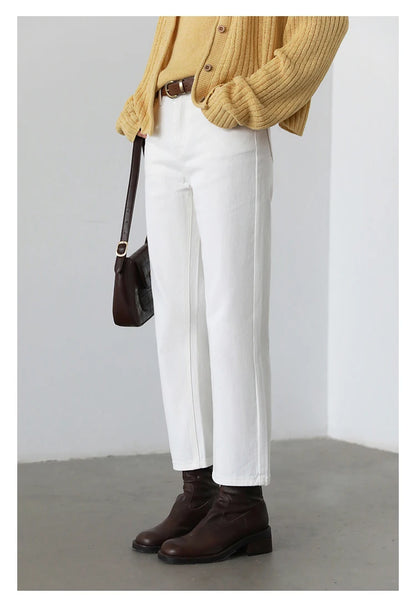CHIC VEN Women Pants White Slim High Waisted Cotton Straight Leg Casual Slim Leg Jeans Girl Trouser Spring Autumn 2025