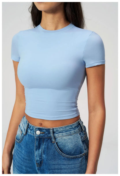 Women Solid Yoga Short Sleeve Breathable Sport T-Shirt Elastic Fitness Yoga Top Gym Shirts Female Casual Running Workout Clothes