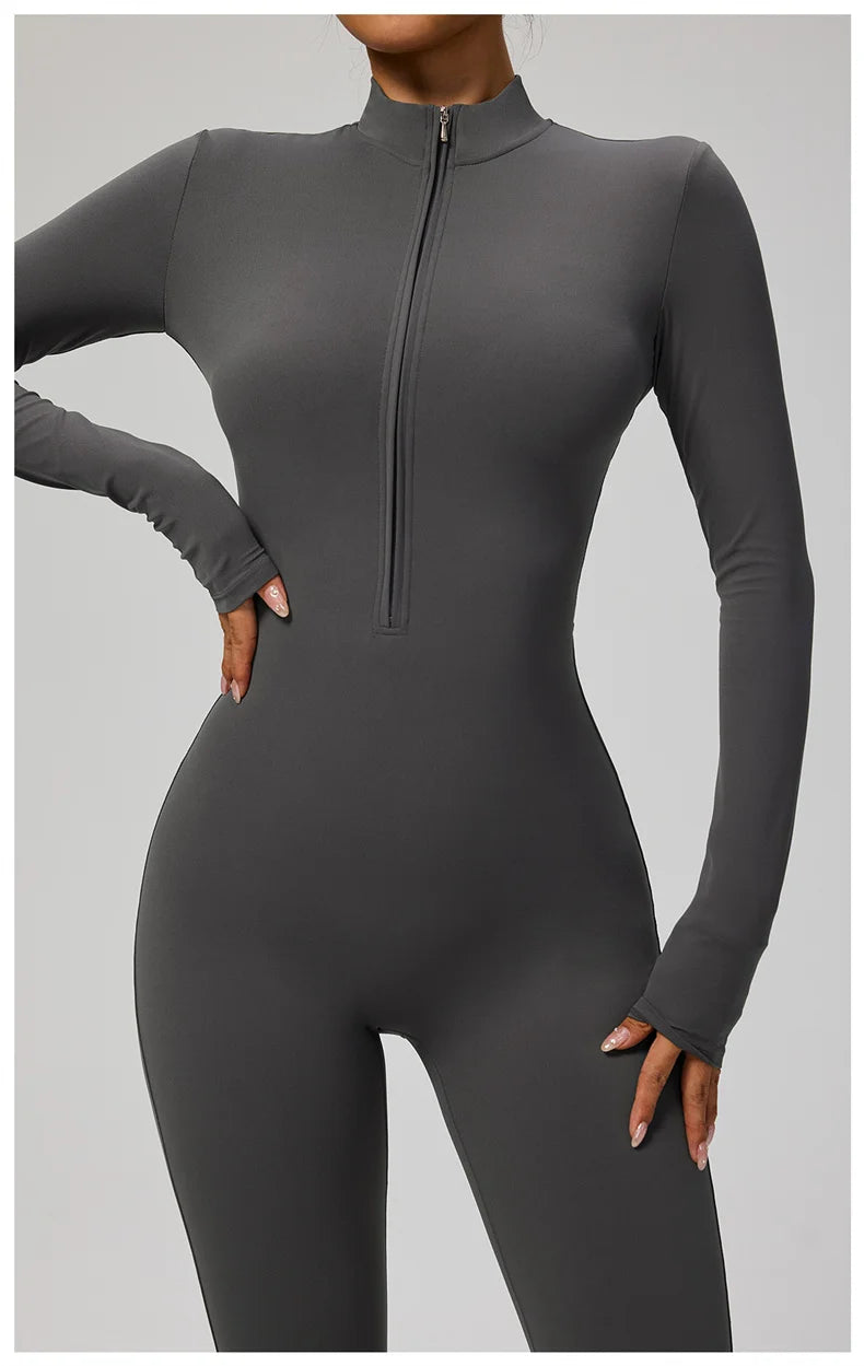 TRY TO BN Women's Jumpsuit Long Sleeve Zipper Shapewear Bodysuit Yoga Fitness One Piece Tights Gym Clothing Mono Deportivo Mujer