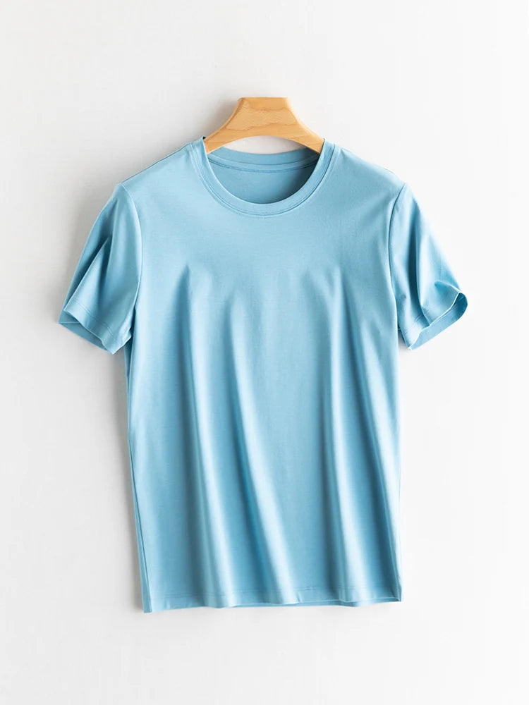 SuyaDream Women Solid T shirts, Silk Cotton Blend, O Neck, Short Sleeved Solid Tee,2025 Summer Candy Colors Basic Cozy Top Green