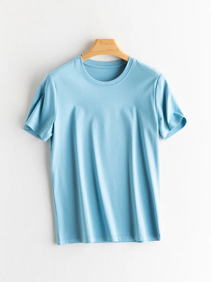 SuyaDream Women Solid T shirts, Silk Cotton Blend, O Neck, Short Sleeved Solid Tee,2025 Summer Candy Colors Basic Cozy Top Green