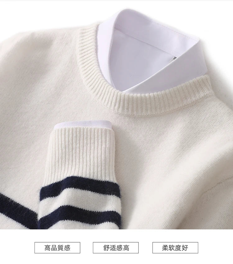 DjzDsm Autumn And Winter Men's Round-neck Sweaters 100% Merino Wool Pullovers Casual Knitted Shirts Soft And Warm Men's Tops