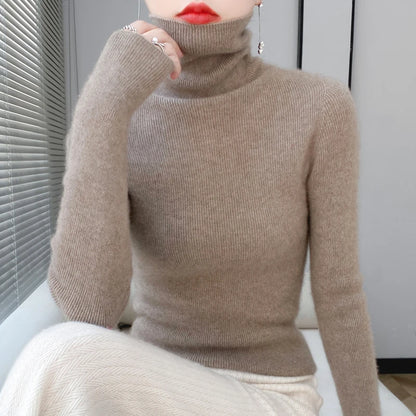 100% Merino Wool Long-sleeved Turtleneck Pullover Women's Autumn Winter Slim Sweater Basic Women's Clothes Cashmere Sweater