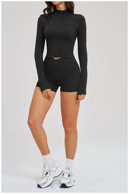 2PCS Yoga Suit Women's Tracksuit Gym Clothing Sportswear Female Workout Long Sleeve Sports Suit High Waist Cycling Shorts Set