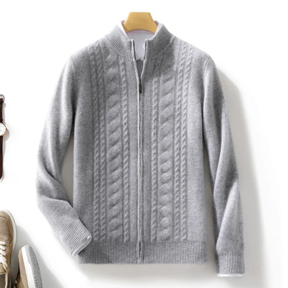 High Quality Men Mock Collar Twisted Cardigan Autumn Winter Thick Zipper 100% Merino Wool Sweater Casual Coat Cashmere Knitwear