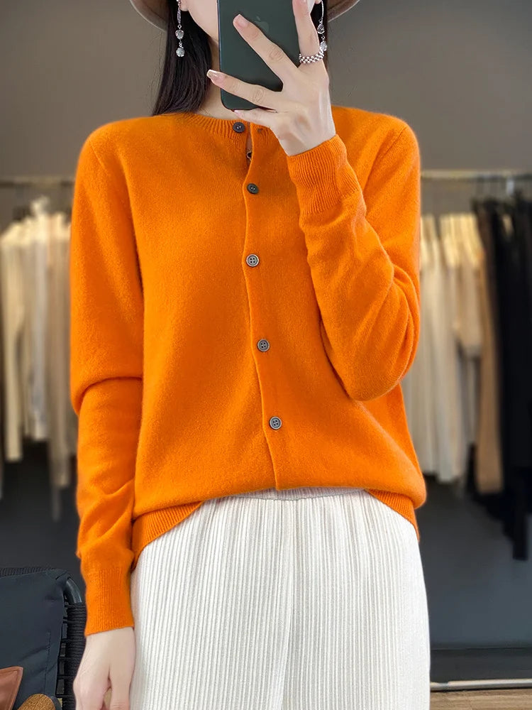 100% Merino Wool Sweater Women O-Neck Cardigan Basic Style  Buttoned Knitwear Female Casual Autumn Winter Soft Tops
