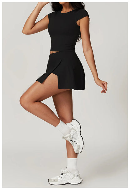 Custom LOGO women's beautiful back tight yoga set quick-drying high waist hip lift running fitness sports skirt 2-piece set