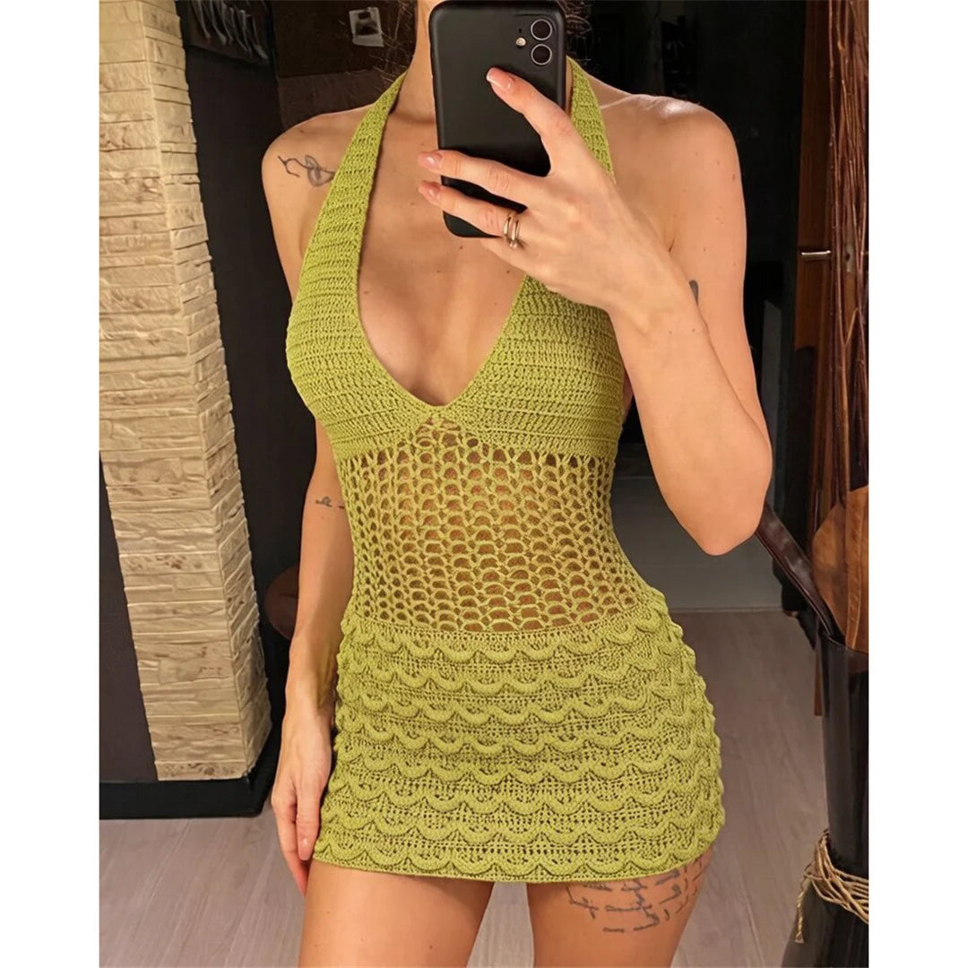 S - XL Halter V Neck Backless Crochet Knitted Tunic Beach Cover Up Cover-ups Beach Dress Beach Wear Beachwear Female Women V8238