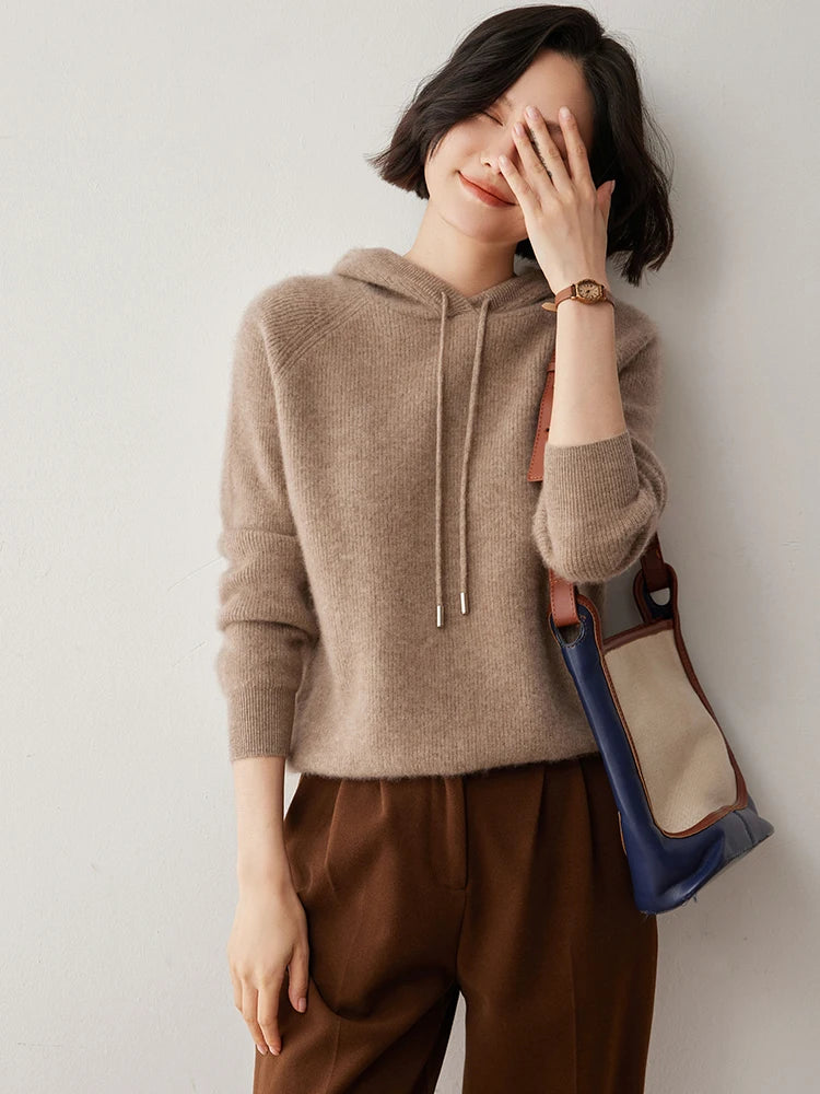 CHICUU Autumn Winter Women Hoodie Pullover Sweater 100% Cashmere Knitwear Soft Warm Casual Style Hooded Sweater Tops