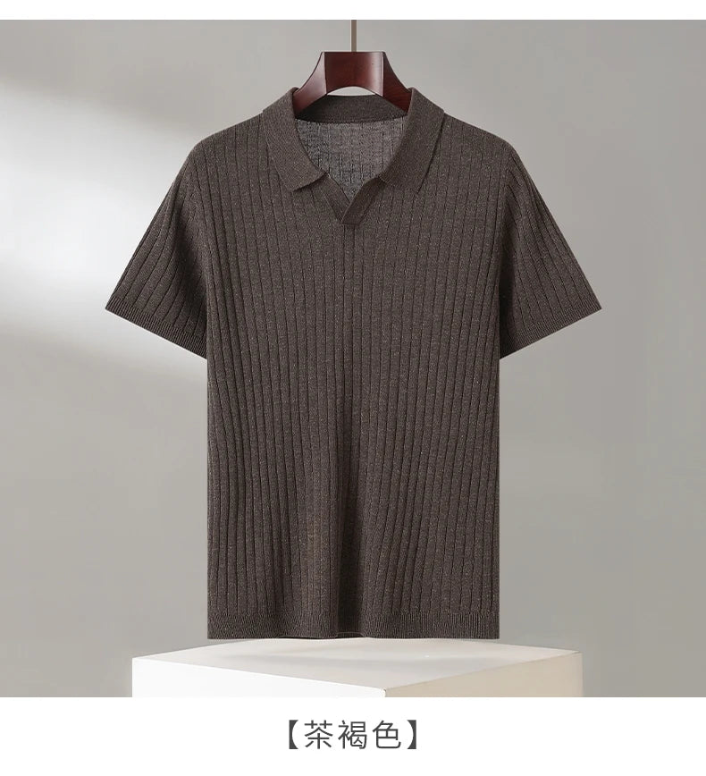 Summer New Men's 100% Lyocell Scissor Collar Solid Color T-Shirt Knit Pullover Bussiness Casual Short-sleeved POLO Collar Tees