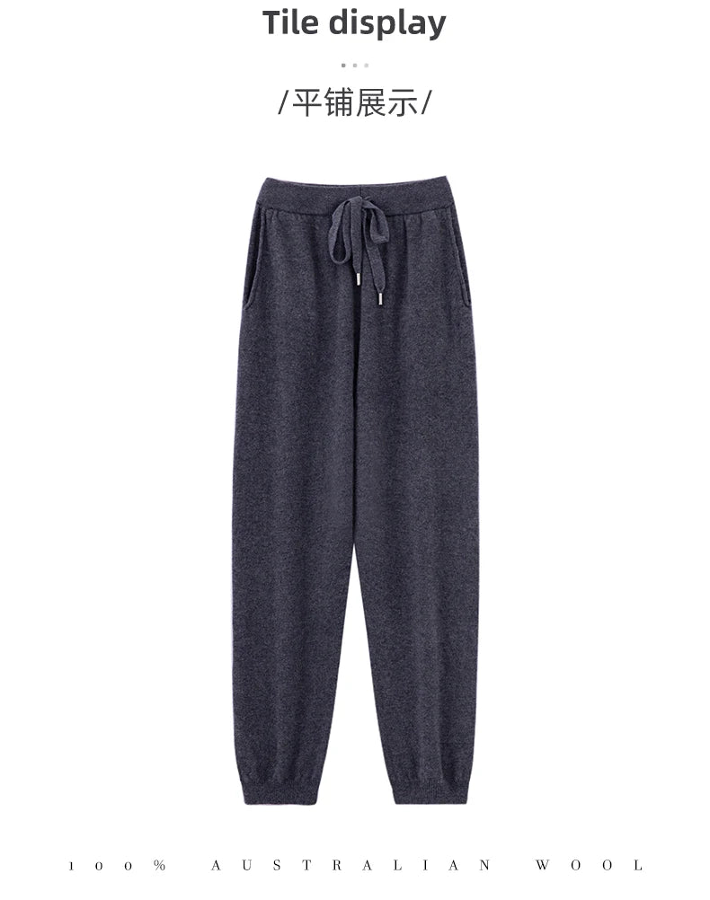 2024 Autumn And Winter New 100% Pure Wool Flat Small Foot Pants Women Loose High Waist Lean Knitted Cashmere Bunched Foot Pants