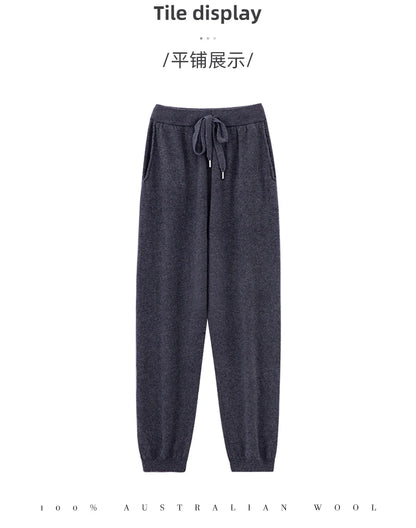 2024 Autumn And Winter New 100% Pure Wool Flat Small Foot Pants Women Loose High Waist Lean Knitted Cashmere Bunched Foot Pants
