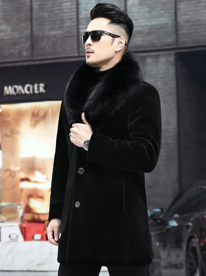 6XL Winter Jacket for Men Sheep Shearling Down Coat Men's Large Fur Collar Midi Long 100% Wool Real Fur Coats and Jackets FCY