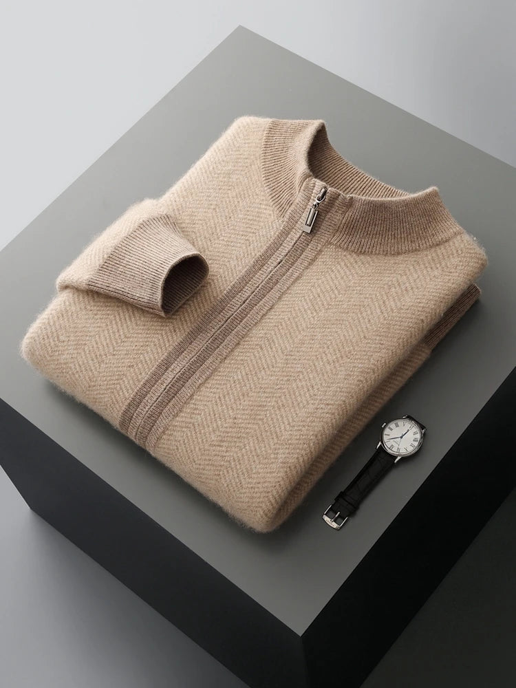 Autumn Winter 100% Merino Wool Knitted Zipper Cardigan Men's Half High Collar Herringbone Pattern Thick Coat Casual Warm Jacket