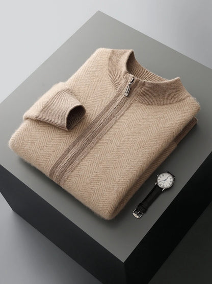 Autumn Winter 100% Merino Wool Knitted Zipper Cardigan Men's Half High Collar Herringbone Pattern Thick Coat Casual Warm Jacket