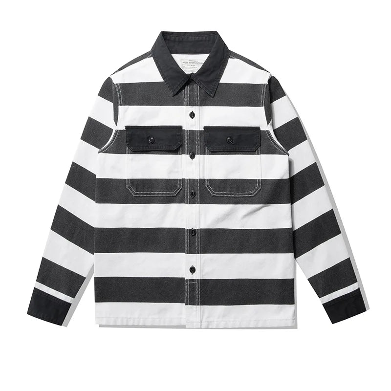 Amekaji Heavyweight Zebra Striped Jacket - Thick Canvas Motorcycle Biker Jacket Retro Workwear Coat