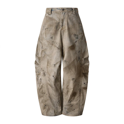 Custom LOGO men's 270G pure cotton high street retro casual pants scimitar denim texture mud yellow old loose wide-leg pants