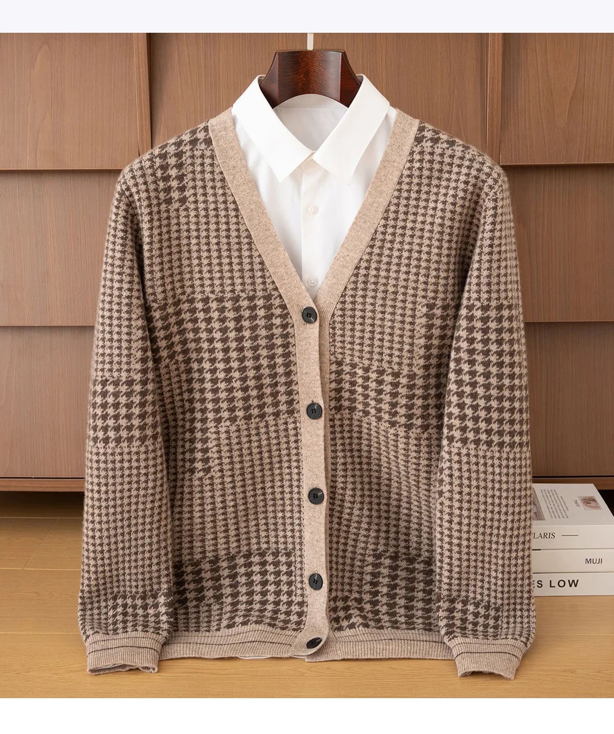 Men's V-Neck Cardigan Business Casual Jacquard Thickened Jacket 100% Merino Wool Knit Coat Autumn Winter Warmth Men's Clothing