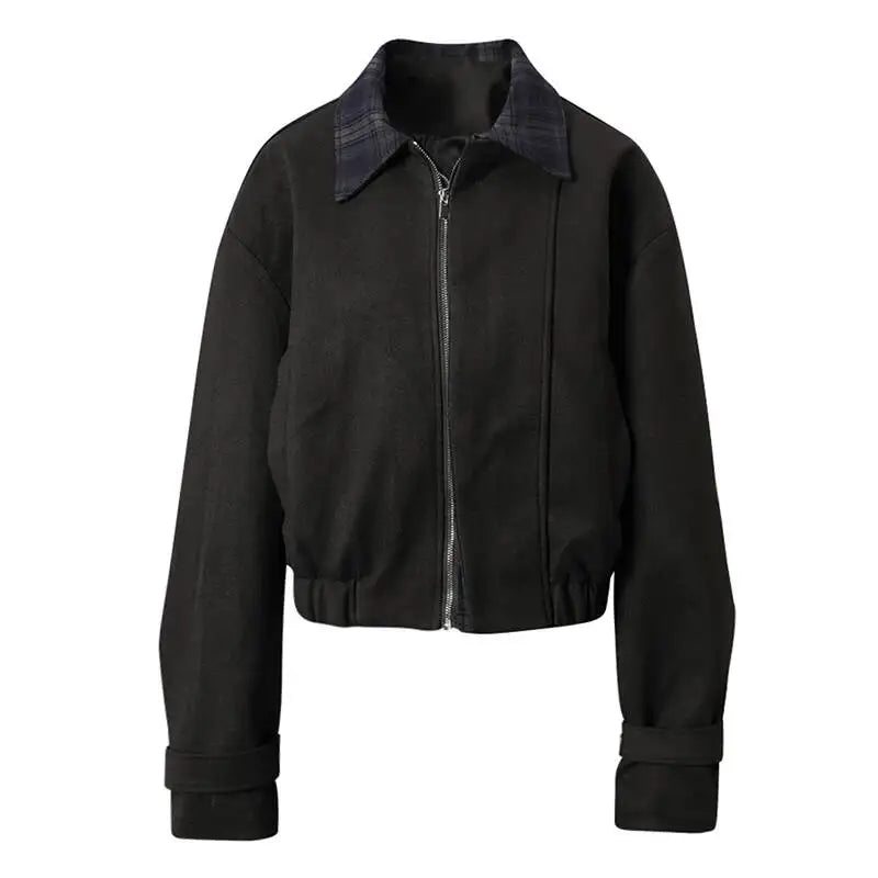 DEAT Fashion Cropped Bomber Jacket Women's Plaid Collar Loose Black Zipper Outerwear Short Coat Spring Autumn New