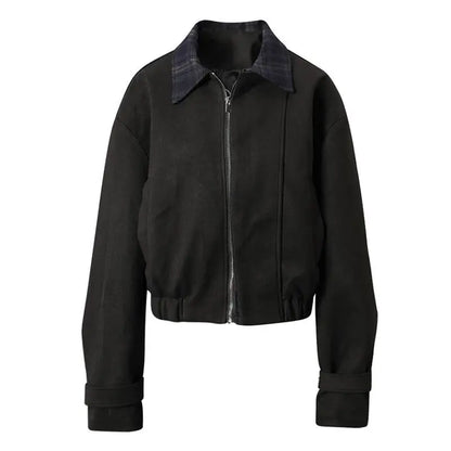 DEAT Fashion Cropped Bomber Jacket Women's Plaid Collar Loose Black Zipper Outerwear Short Coat Spring Autumn New