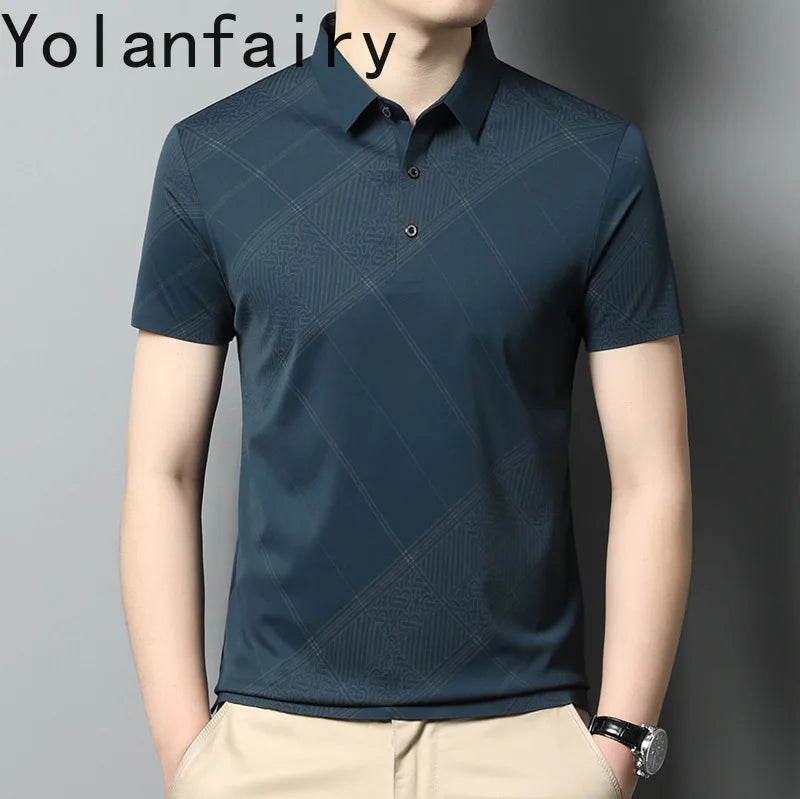 YOLANFAIRY Mulberry Silk T Shirt Men Polo Shirt Mens Shirts Short Sleeves Polos Hombre Manga Corta Summer Mens Clothing 2024