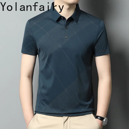 YOLANFAIRY Mulberry Silk T Shirt Men Polo Shirt Mens Shirts Short Sleeves Polos Hombre Manga Corta Summer Mens Clothing 2024