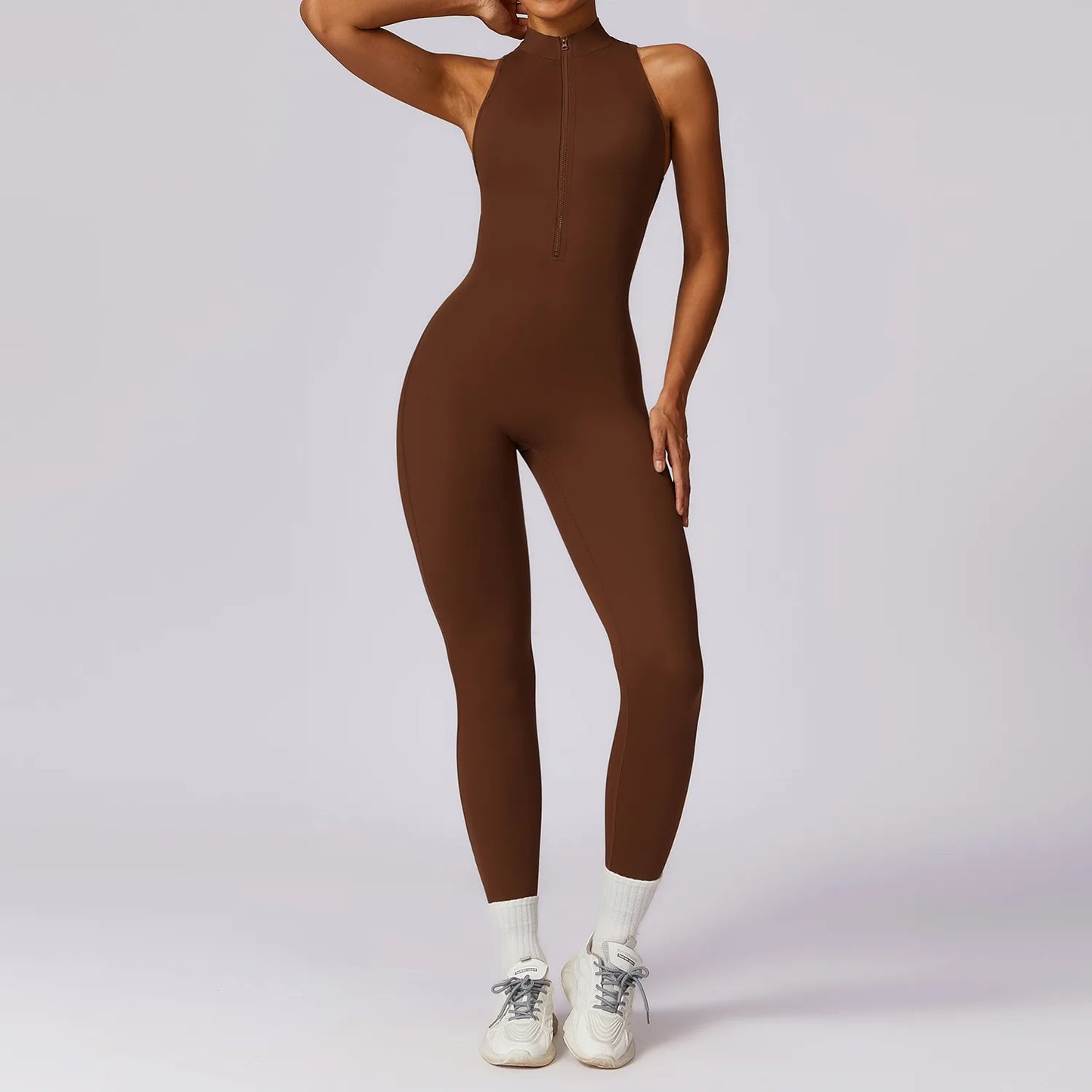 Summer V Back One-piece Suit Women Sports Jumpsuit Zippers Yoga Rompers Backless Sportswear Women Sleeveles Workout Bodysuits