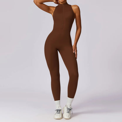 Summer V Back One-piece Suit Women Sports Jumpsuit Zippers Yoga Rompers Backless Sportswear Women Sleeveles Workout Bodysuits