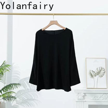 YOLANFAIRY 23MM 93% Real Mulberry Silk T Shirts for Women Summer O-neck Blouse Woman Elegant Shirt Loose OL Tops and Blouses