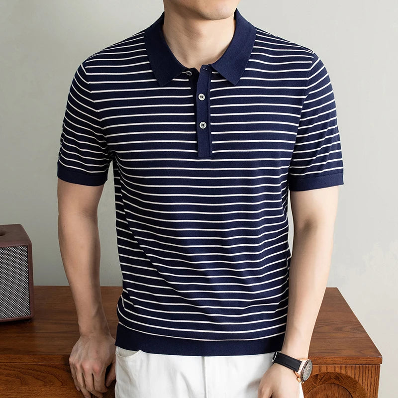 Men's Lyocell shirt summer new casual striped short sleeved T-shirt Polo collar breathable comfortable knitted pullover