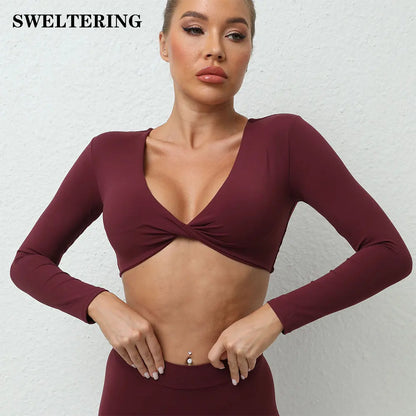 Sexy Creased Long Sleeve Crop Top Women Yoga Clothing Quick Dry Gym Long Sleeved Shirt Women Clothes Running Workout Sportswear