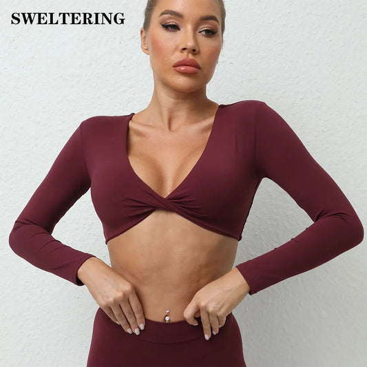 Sexy Creased Long Sleeve Crop Top Women Yoga Clothing Quick Dry Gym Long Sleeved Shirt Women Clothes Running Workout Sportswear