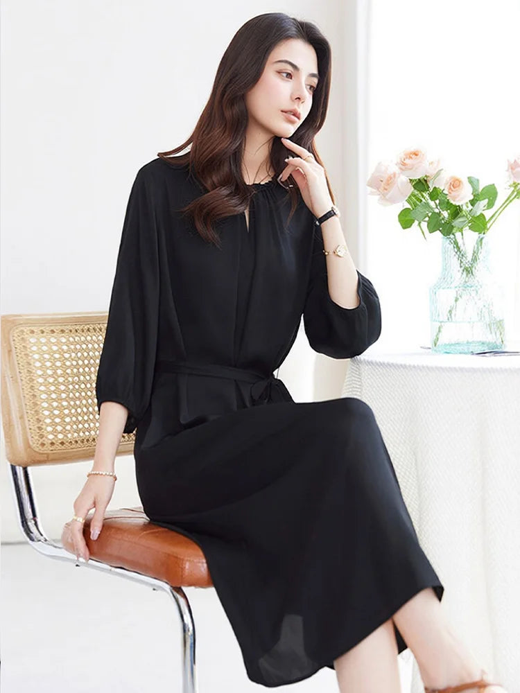 SuyaDream, Women Elegant Dresses, Real Silk, O Neck, 3/4 Sleeved, Black Mid Dress, 2026 Spring Summer Cloth