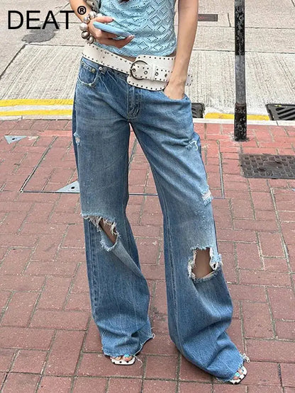 DEAT Fashion Distressed Ripped Wide Leg Jeans Women's Low Waist Frayed Hem Blue Denim Pants Summer New 7A4508