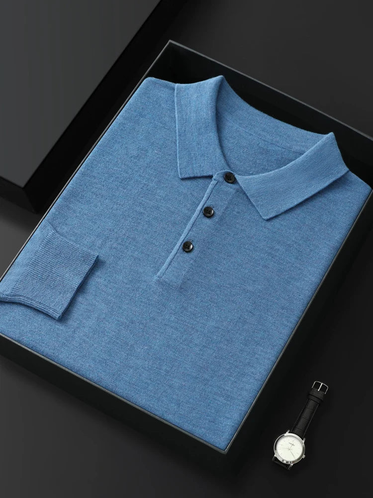 Men's Merino Wool Sweater Polo Collar Pullover Autumn Winter New Cashmere Knitwear Casual Loose Men's Shirts Tops Warm Soft