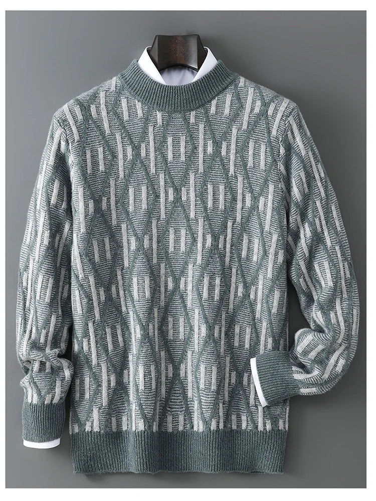 New 100% Pure Wool Cashmere Men's Mock-Neck Pullover Autumn And Winter Color Matching Top Casual Thick Fashion Large Size Jacket